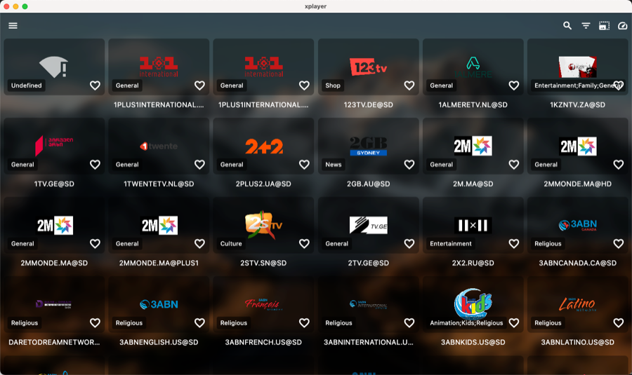 XPlayer on macOS — channel grid